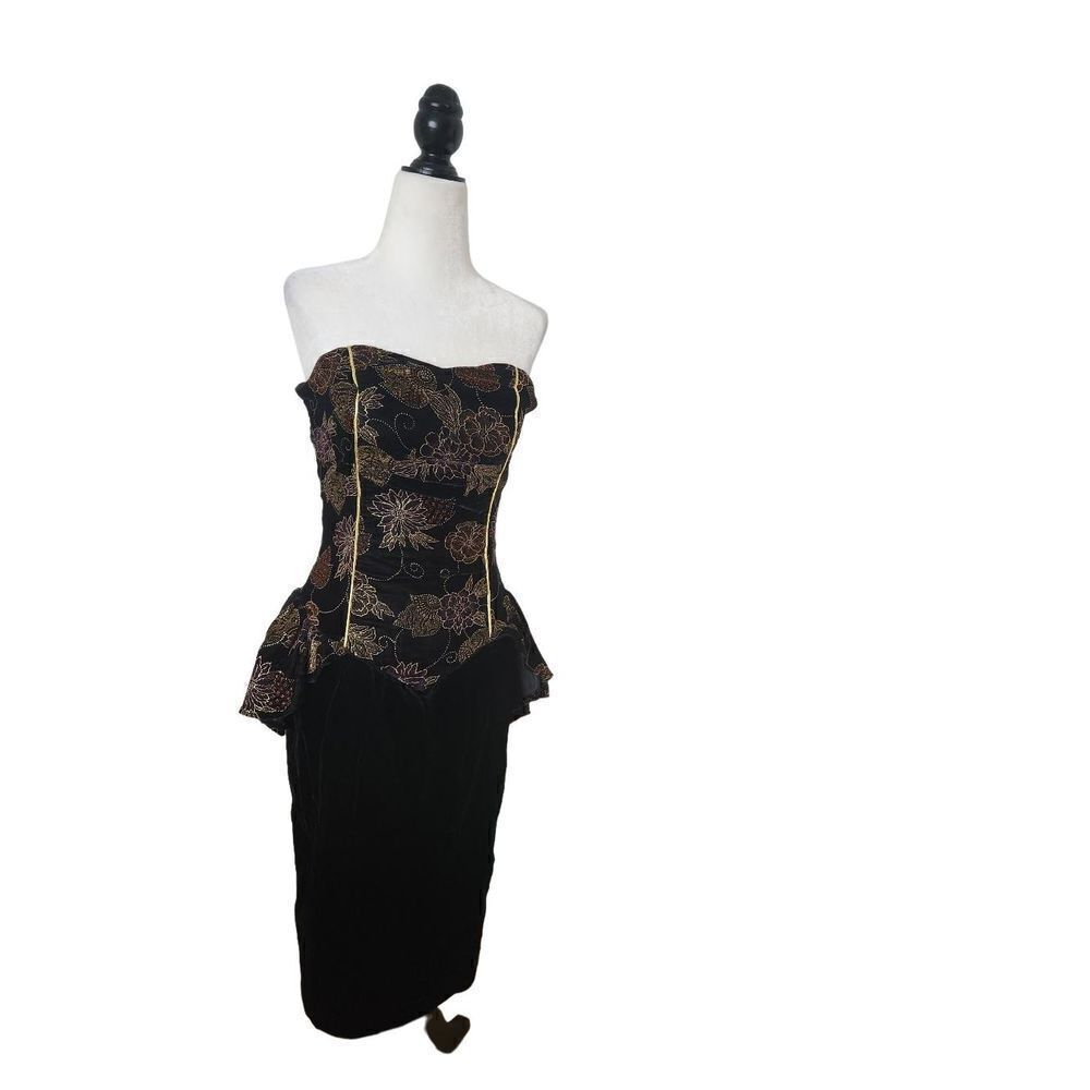 80s Velet Strapless Black Mini Dress Floral Holiday 2 Piece Set Cropped Blazer S